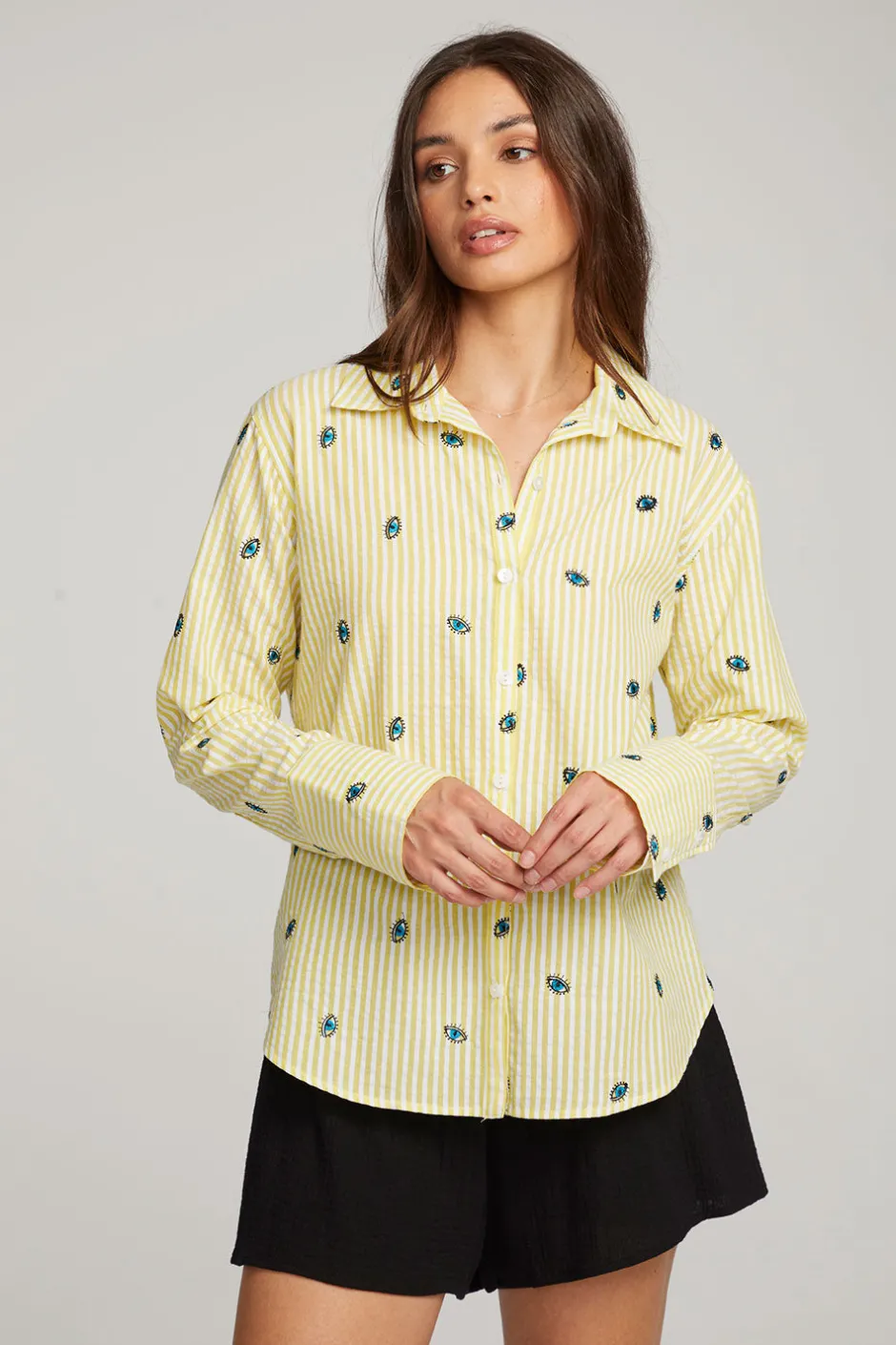 Women Chaser Brand Allover Eye Button Down