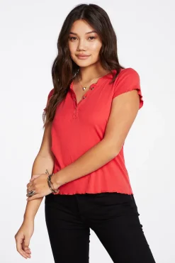Women Chaser Brand Baby Rib Short Sleeve Cropped Henley Tee