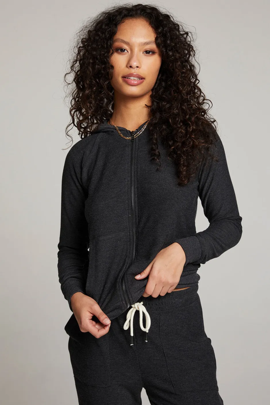 Women Chaser Brand Black Long Sleeve Raglan Zip Up Hoodie