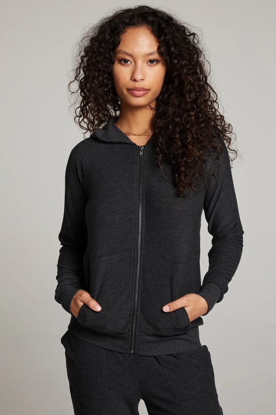 Women Chaser Brand Black Long Sleeve Raglan Zip Up Hoodie
