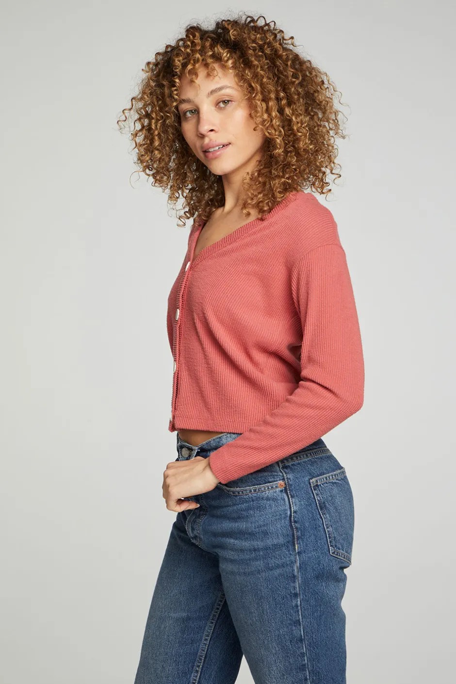 Women Chaser Brand Button Down Cropped Long Sleeve Cardigan