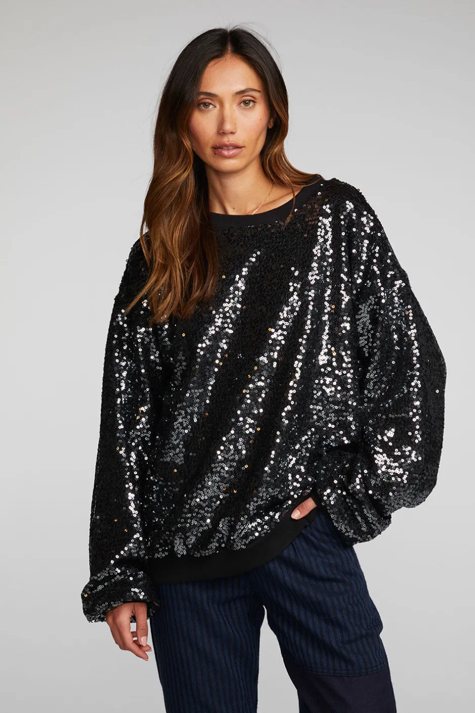 Women Chaser Brand Cotton Fleece Allover Sequin Crewneck Pullover