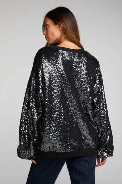 Women Chaser Brand Cotton Fleece Allover Sequin Crewneck Pullover