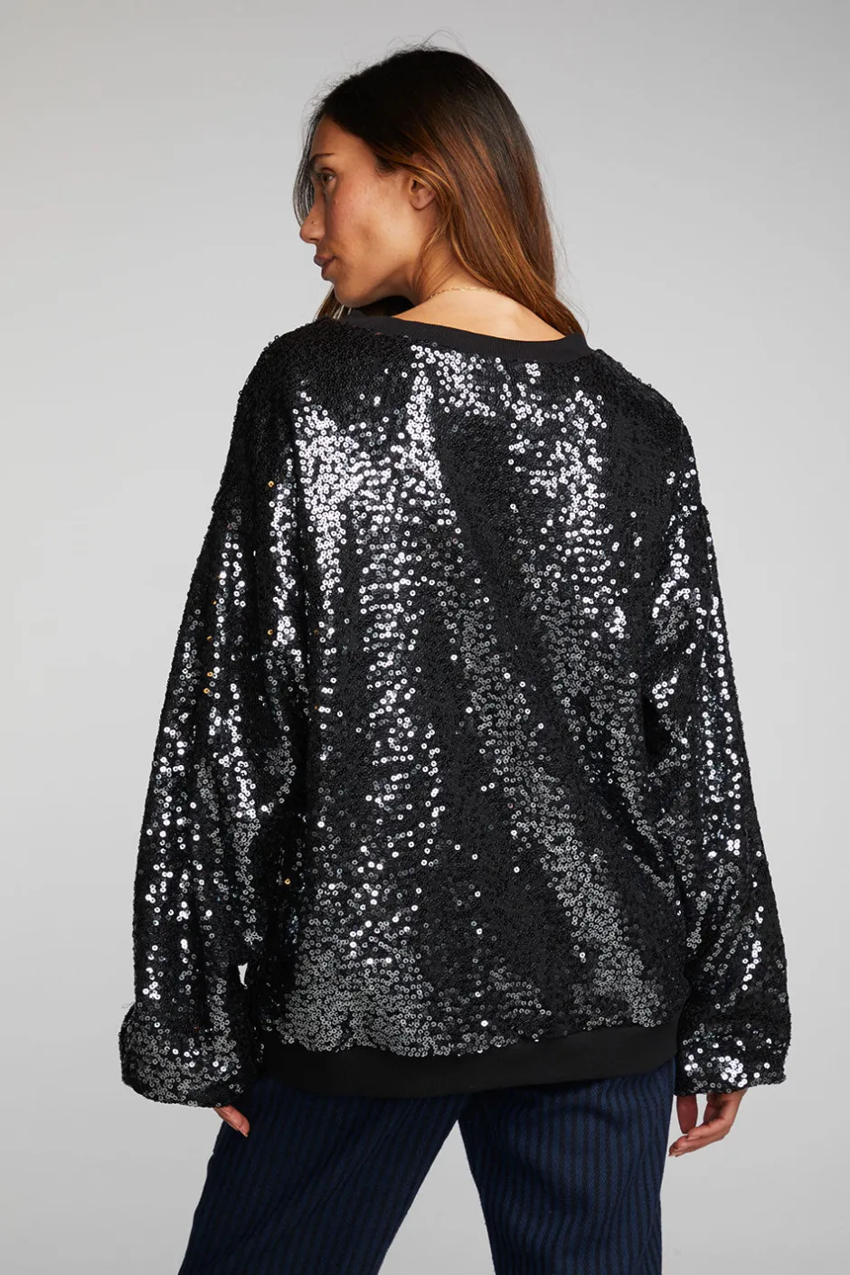Women Chaser Brand Cotton Fleece Allover Sequin Crewneck Pullover