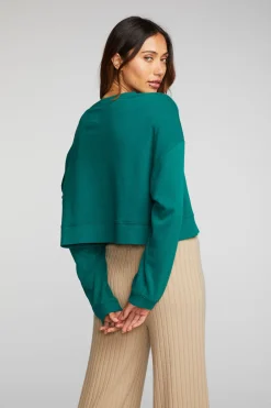 Women Chaser Brand Cotton Fleece Cropped Crewneck Pullover With Rib