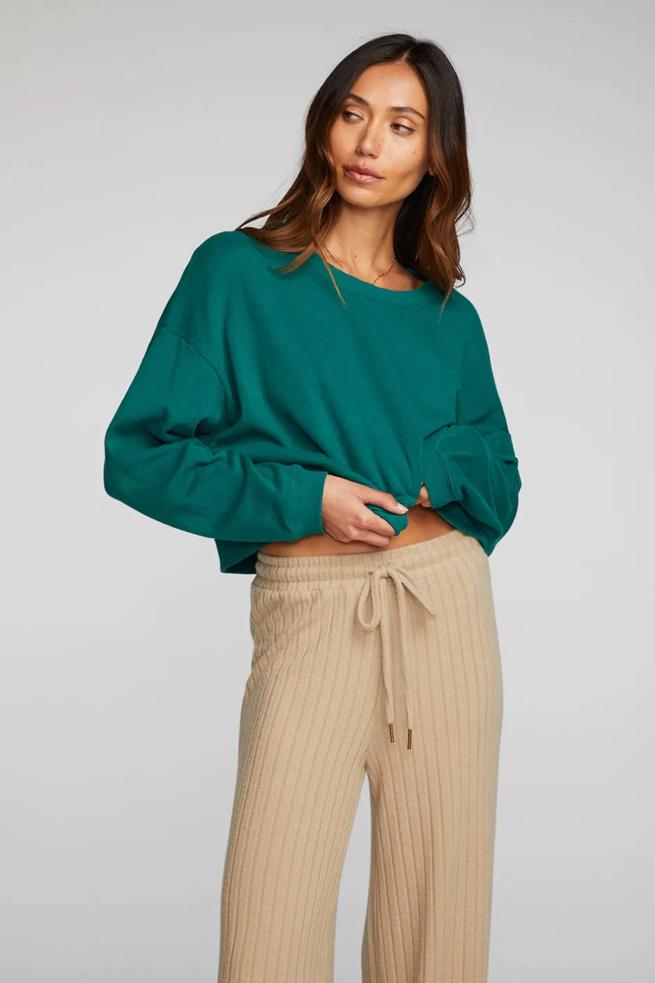 Women Chaser Brand Cotton Fleece Cropped Crewneck Pullover With Rib