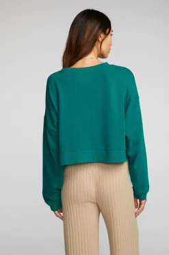 Women Chaser Brand Cotton Fleece Cropped Crewneck Pullover With Rib
