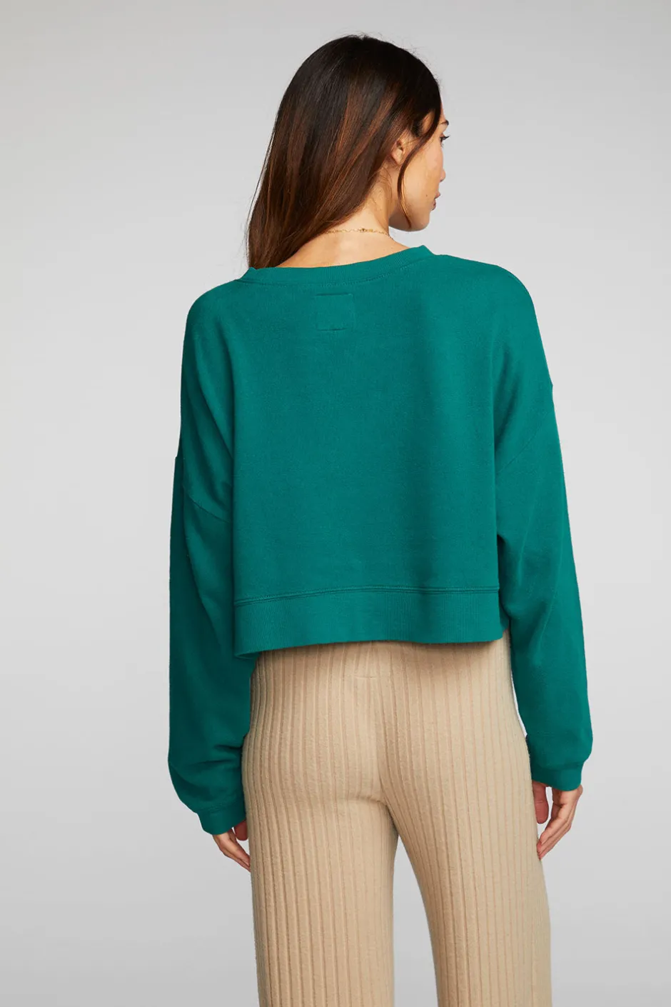 Women Chaser Brand Cotton Fleece Cropped Crewneck Pullover With Rib