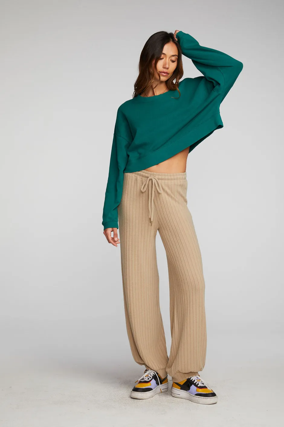 Women Chaser Brand Cotton Fleece Cropped Crewneck Pullover With Rib