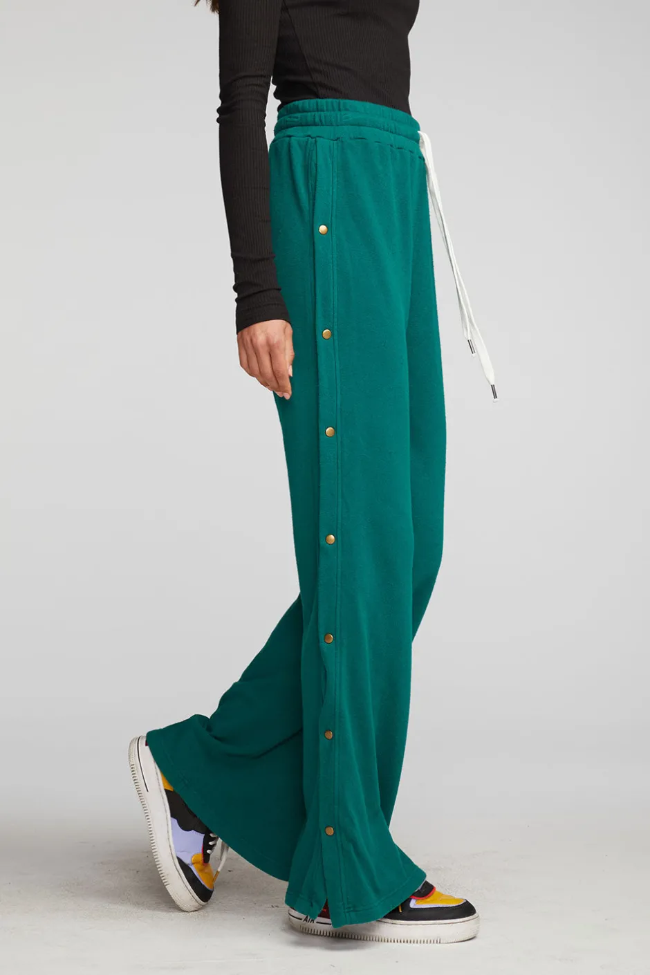 Women Chaser Brand Cotton Fleece Wide Leg Joggers With Button Sideseam