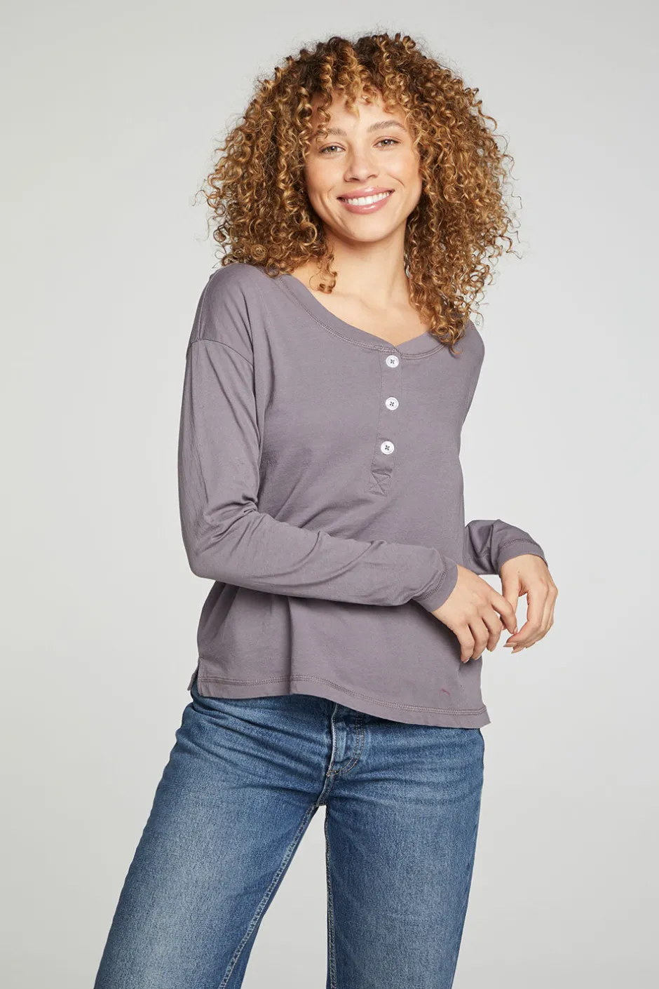 Women Chaser Brand Cropped Boxy Long Sleeve Henley With Side Slits