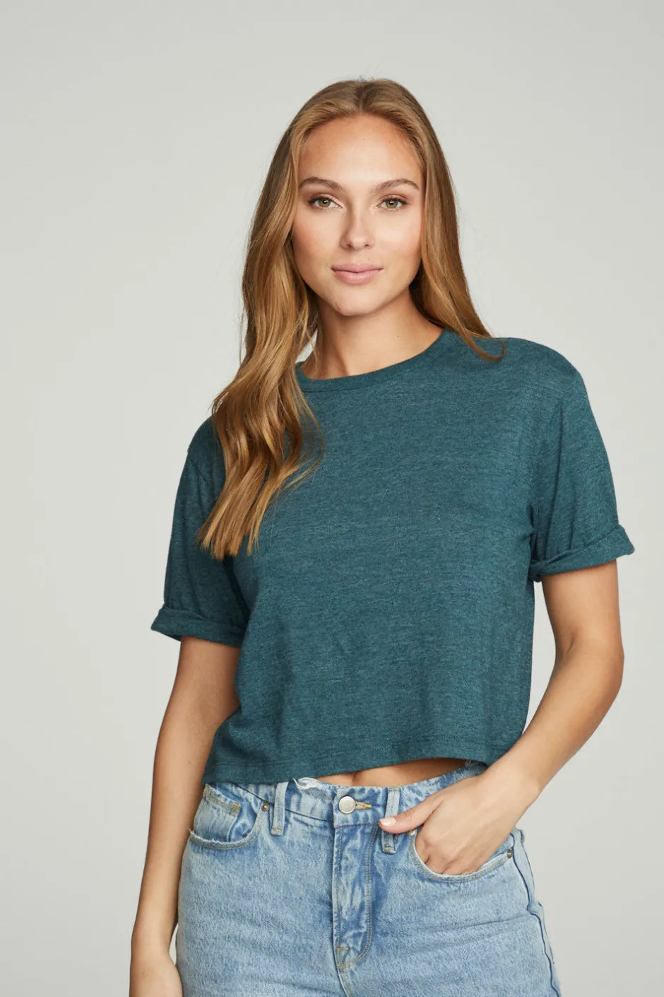 Women Chaser Brand Cropped Crew Neck Short Sleeve Tee