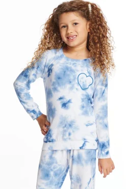 Kids Chaser Brand Denim Tie Dye Heart Girls Cozy Knit Raglan Pullover