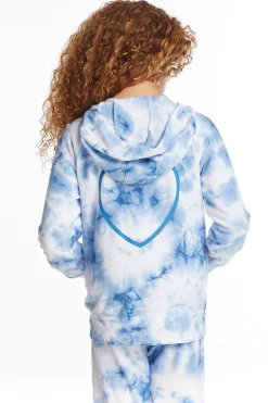 Kids Chaser Brand Denim Tie Dye Heart Girls Cozy Knit Hoodie