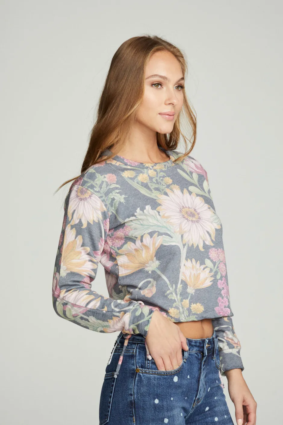 Women Chaser Brand Drawstring Shirred Long Sleeve Cropped Pullover