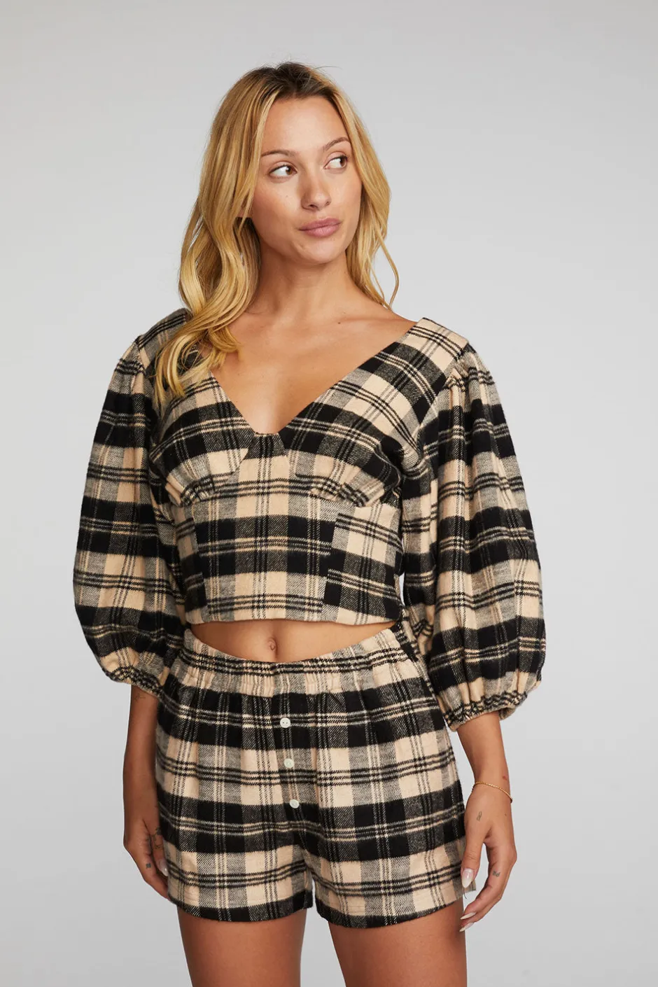 Women Chaser Brand Flannel Puff Sleeve Cropped Blouse