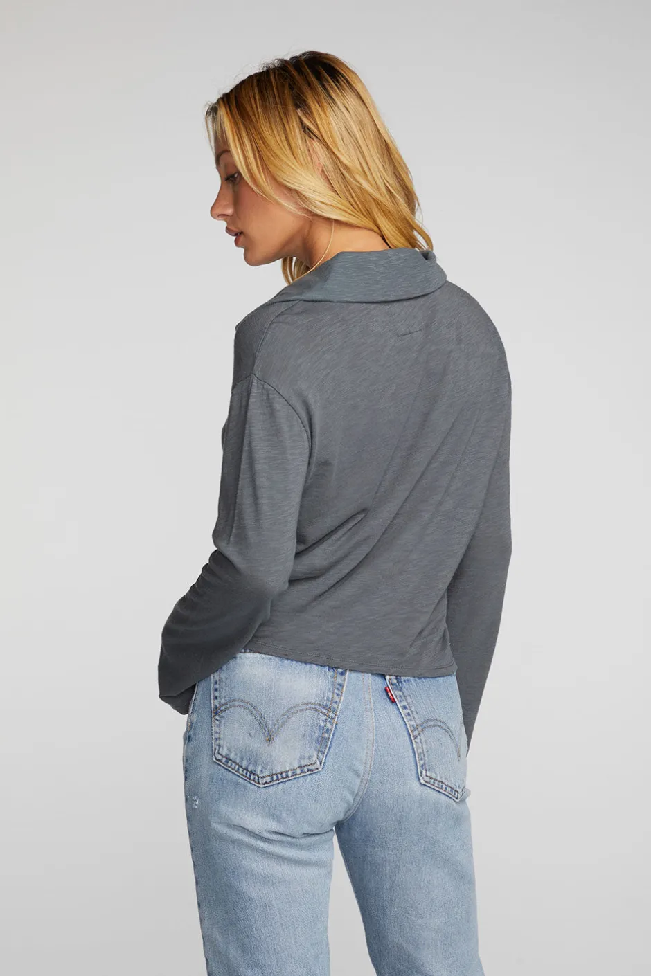Women Chaser Brand Gauze Jersey Cropped Polo With Distressed Detail Long Sleeve