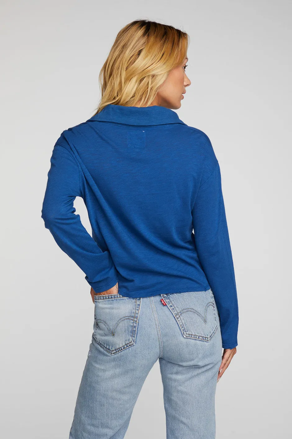 Women Chaser Brand Gauze Jersey Cropped Polo With Distressed Detail Long Sleeve