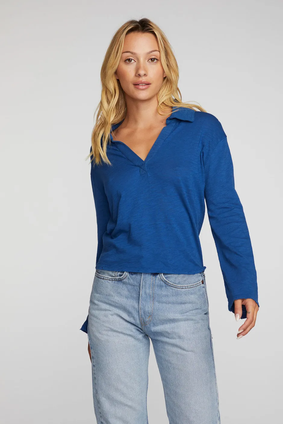 Women Chaser Brand Gauze Jersey Cropped Polo With Distressed Detail Long Sleeve