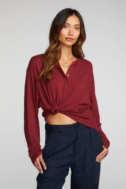 Women Chaser Brand Gauze Jersey Long Sleeve Henley With Deconstructed Bottom Hem