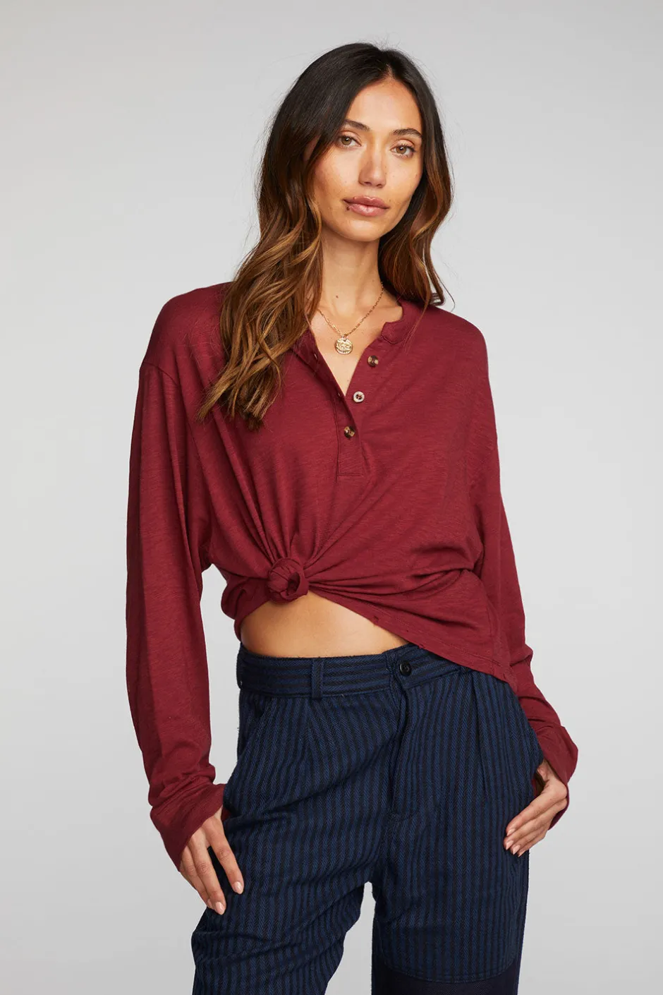 Women Chaser Brand Gauze Jersey Long Sleeve Henley With Deconstructed Bottom Hem