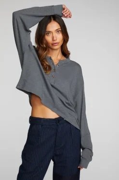 Women Chaser Brand Gauze Jersey Long Sleeve Henley With Deconstructed Bottom Hem