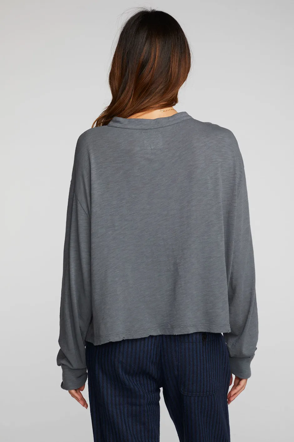 Women Chaser Brand Gauze Jersey Long Sleeve Henley With Deconstructed Bottom Hem