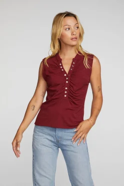 Women Chaser Brand Gauze Jersey Snap Down Tank With Shirring