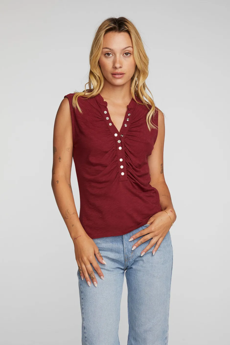 Women Chaser Brand Gauze Jersey Snap Down Tank With Shirring