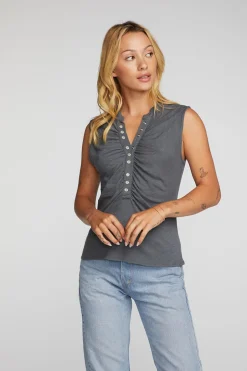 Women Chaser Brand Gauze Jersey Snap Down Tank With Shirring