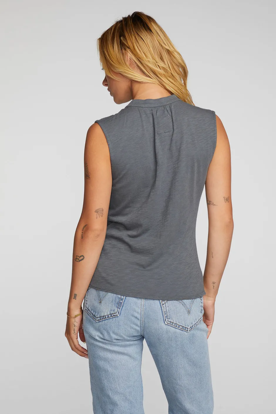 Women Chaser Brand Gauze Jersey Snap Down Tank With Shirring