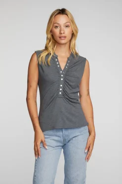 Women Chaser Brand Gauze Jersey Snap Down Tank With Shirring