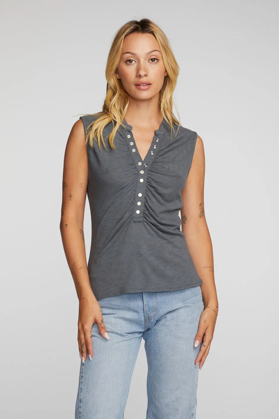 Women Chaser Brand Gauze Jersey Snap Down Tank With Shirring