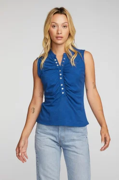 Women Chaser Brand Gauze Jersey Snap Down Tank With Shirring