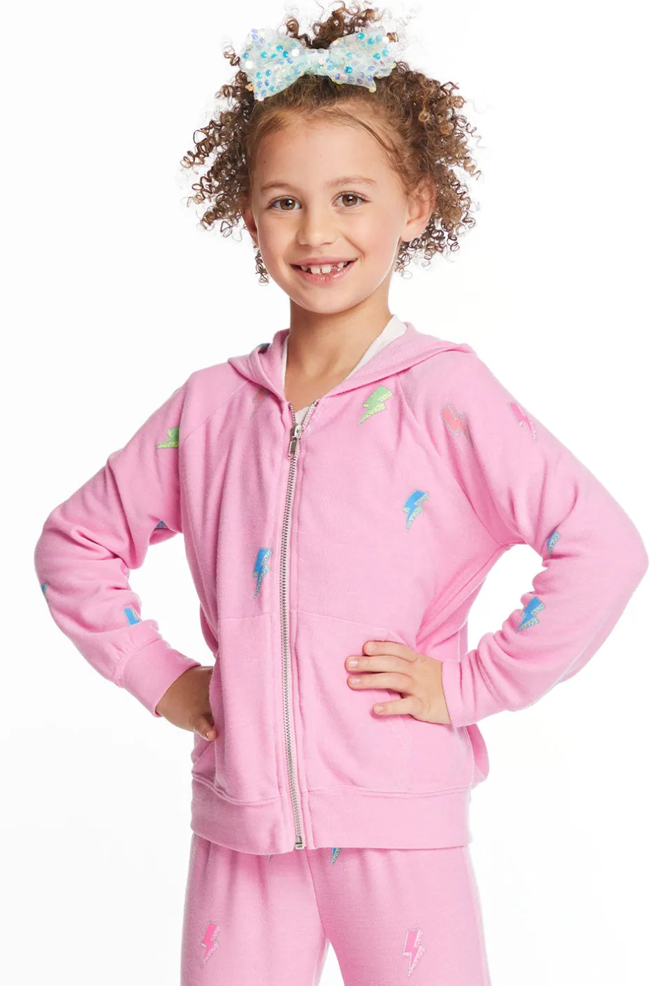 Kids Chaser Brand Glitter Bolts Girls Zipup Hoodie