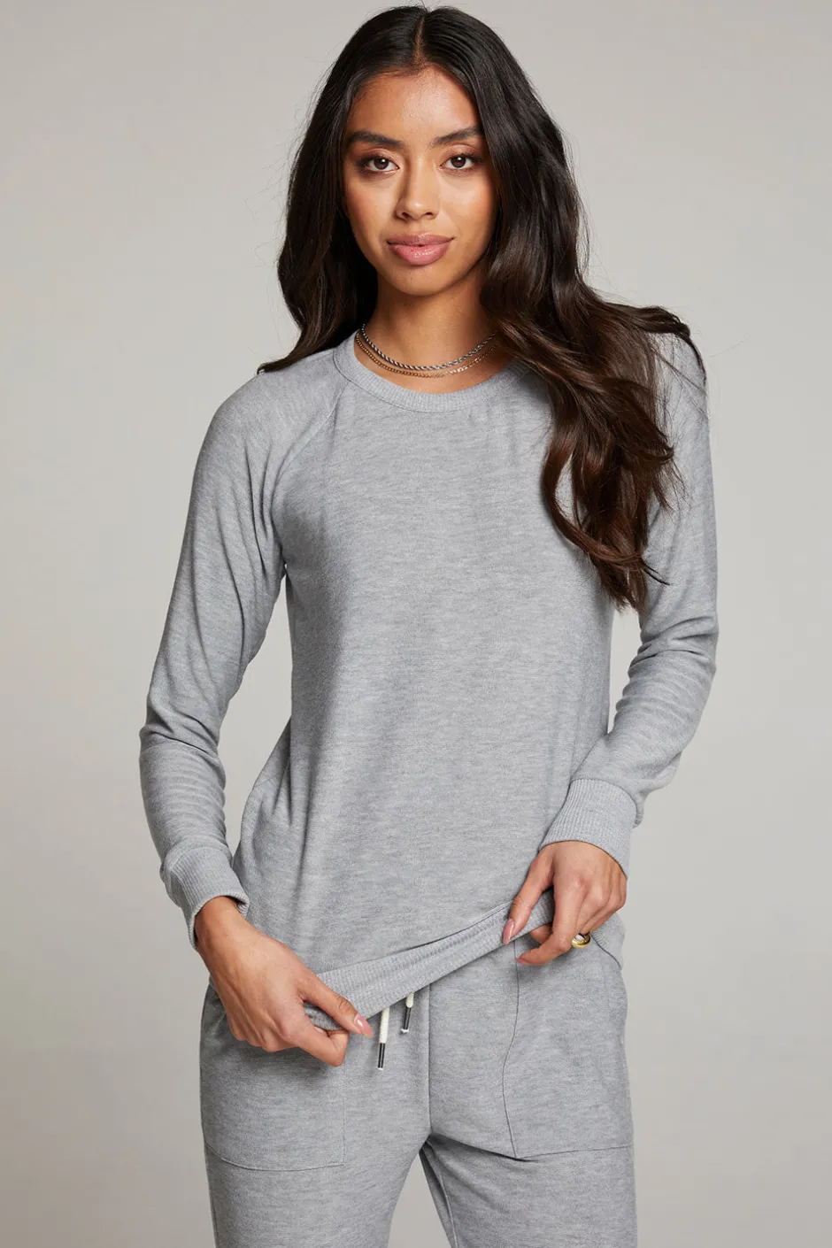 Women Chaser Brand Heather Grey Long Sleeve Raglan Pullover