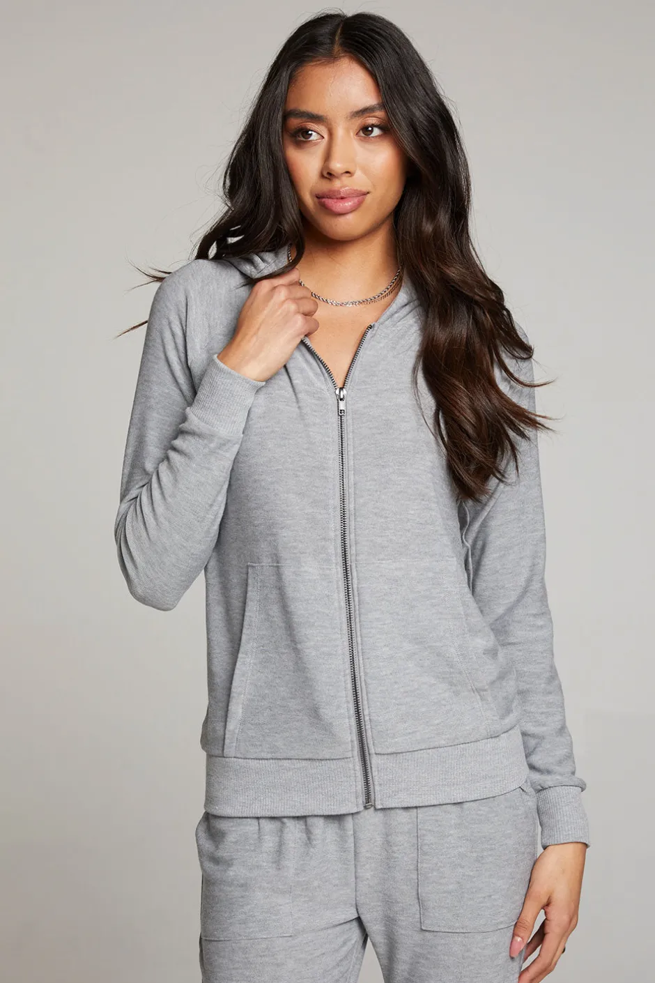 Women Chaser Brand Heather Grey Long Sleeve Raglan Zip Up Hoodie