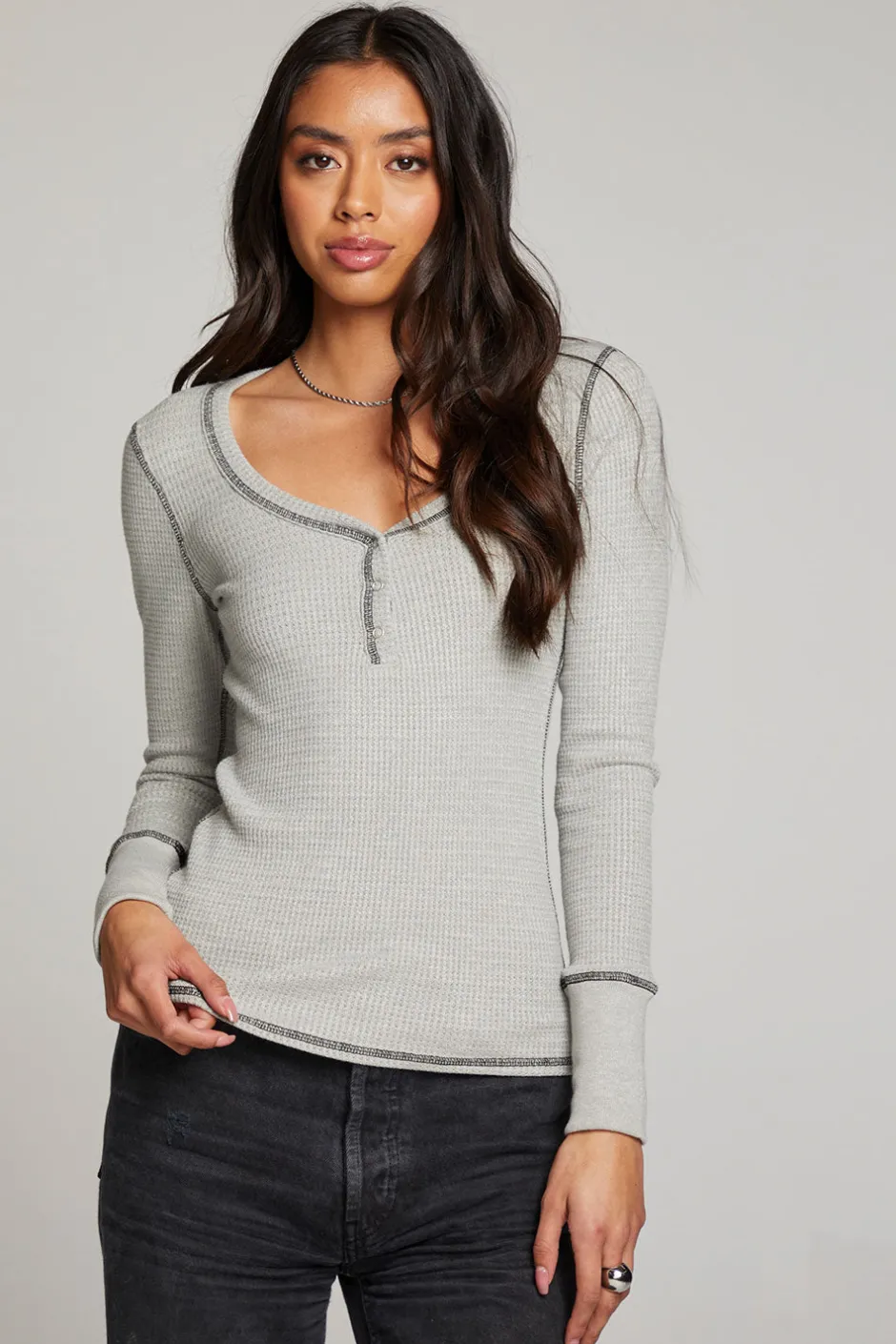 Women Chaser Brand Heather Grey Long Sleeve Henley