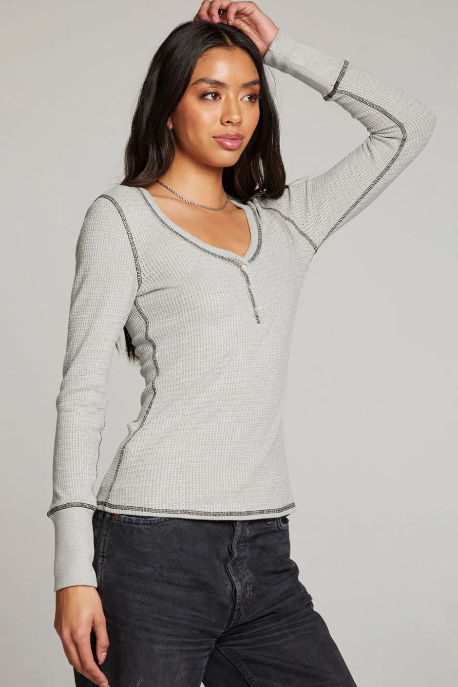 Women Chaser Brand Heather Grey Long Sleeve Henley