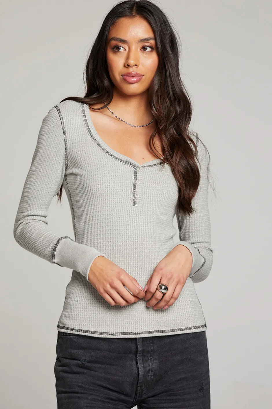 Women Chaser Brand Heather Grey Long Sleeve Henley
