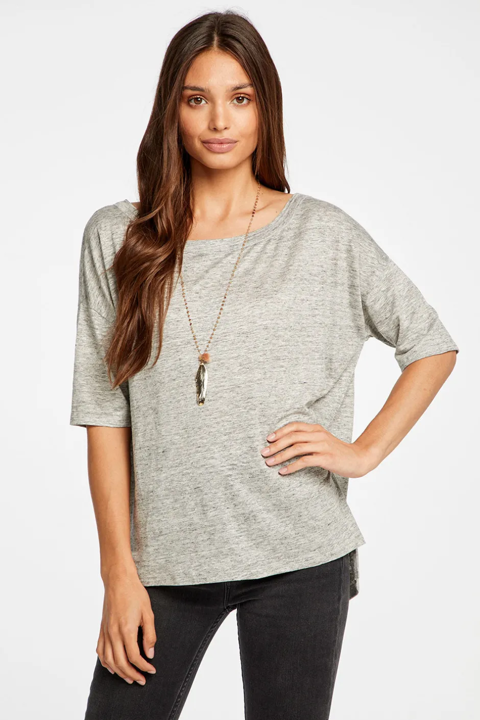 Women Chaser Brand Linen Jersey Cropped Short Sleeve Boxy Hi Lo Tee