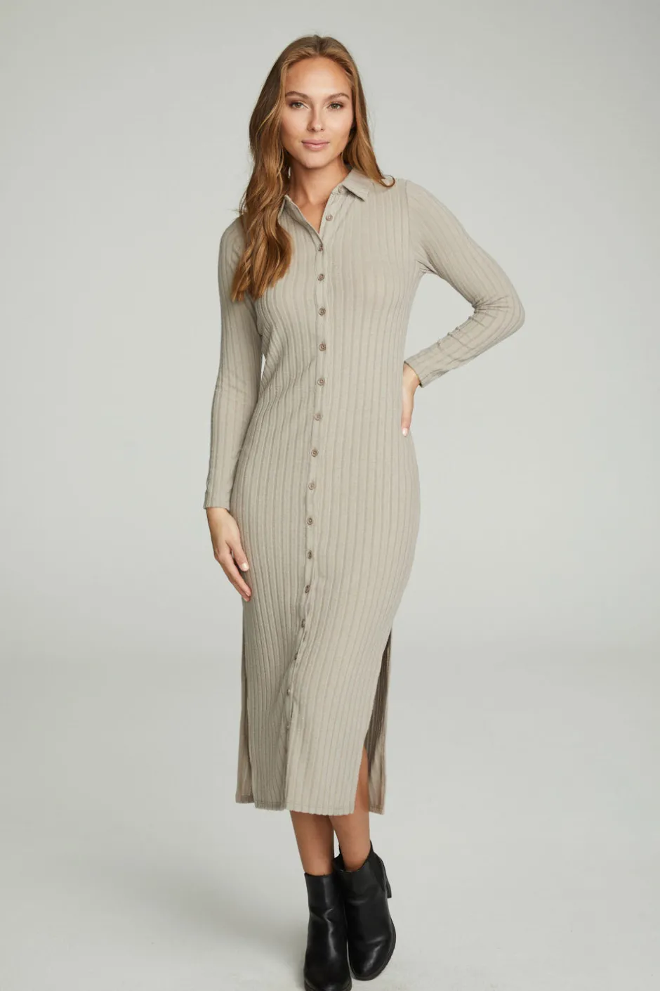 Women Chaser Brand Long Sleeve Button Down Collar Dress