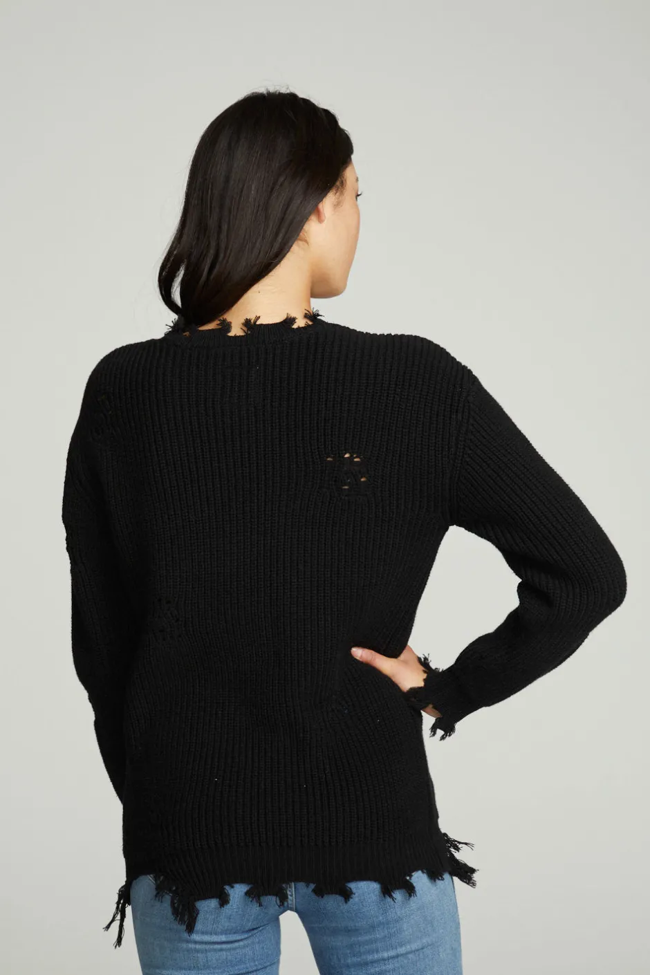 Women Chaser Brand Long Sleeve Crew Neck Deconstructed Sweater Pullover