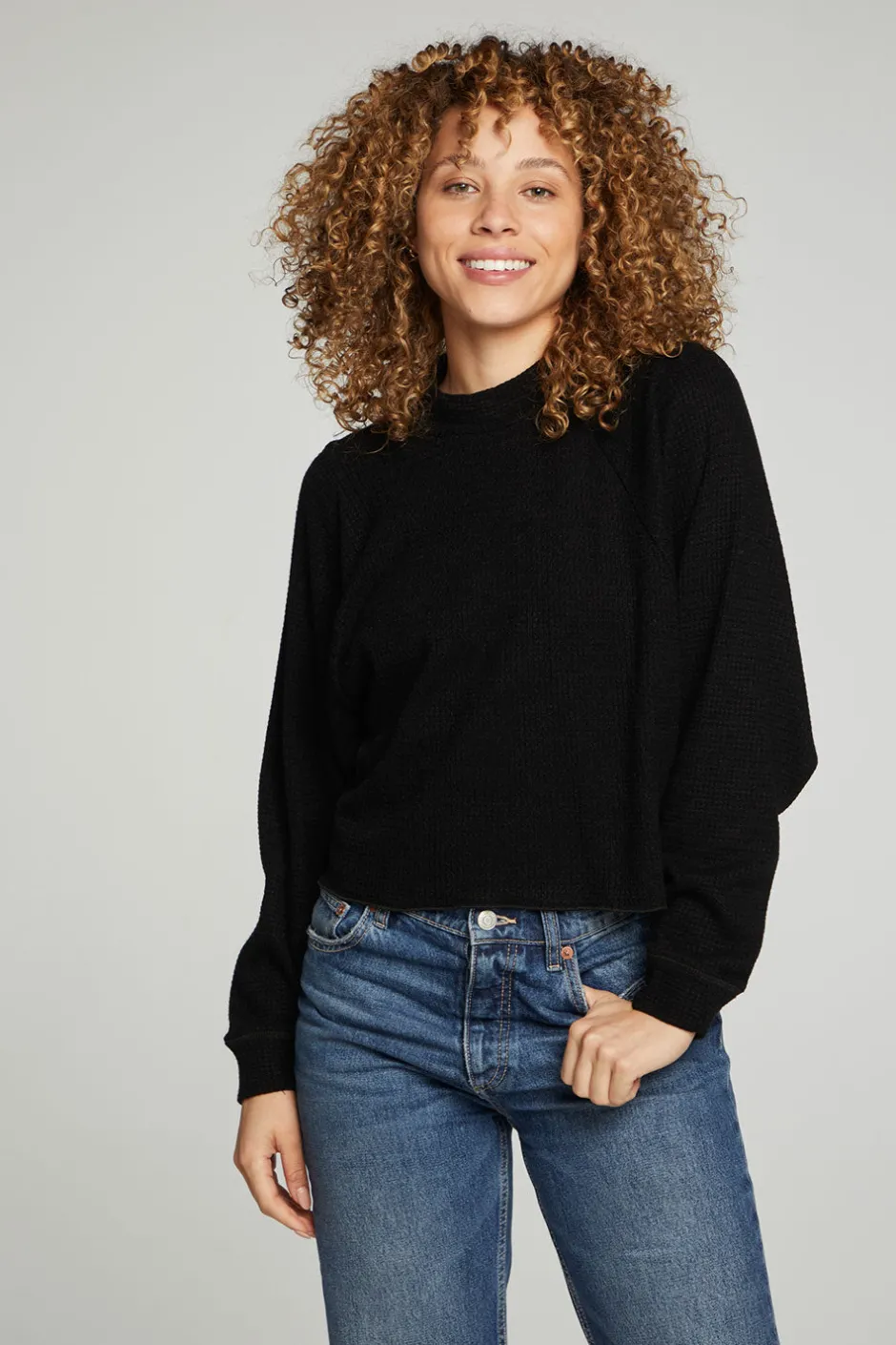Women Chaser Brand Long Sleeve Cropped Mock Neck Raglan Tee