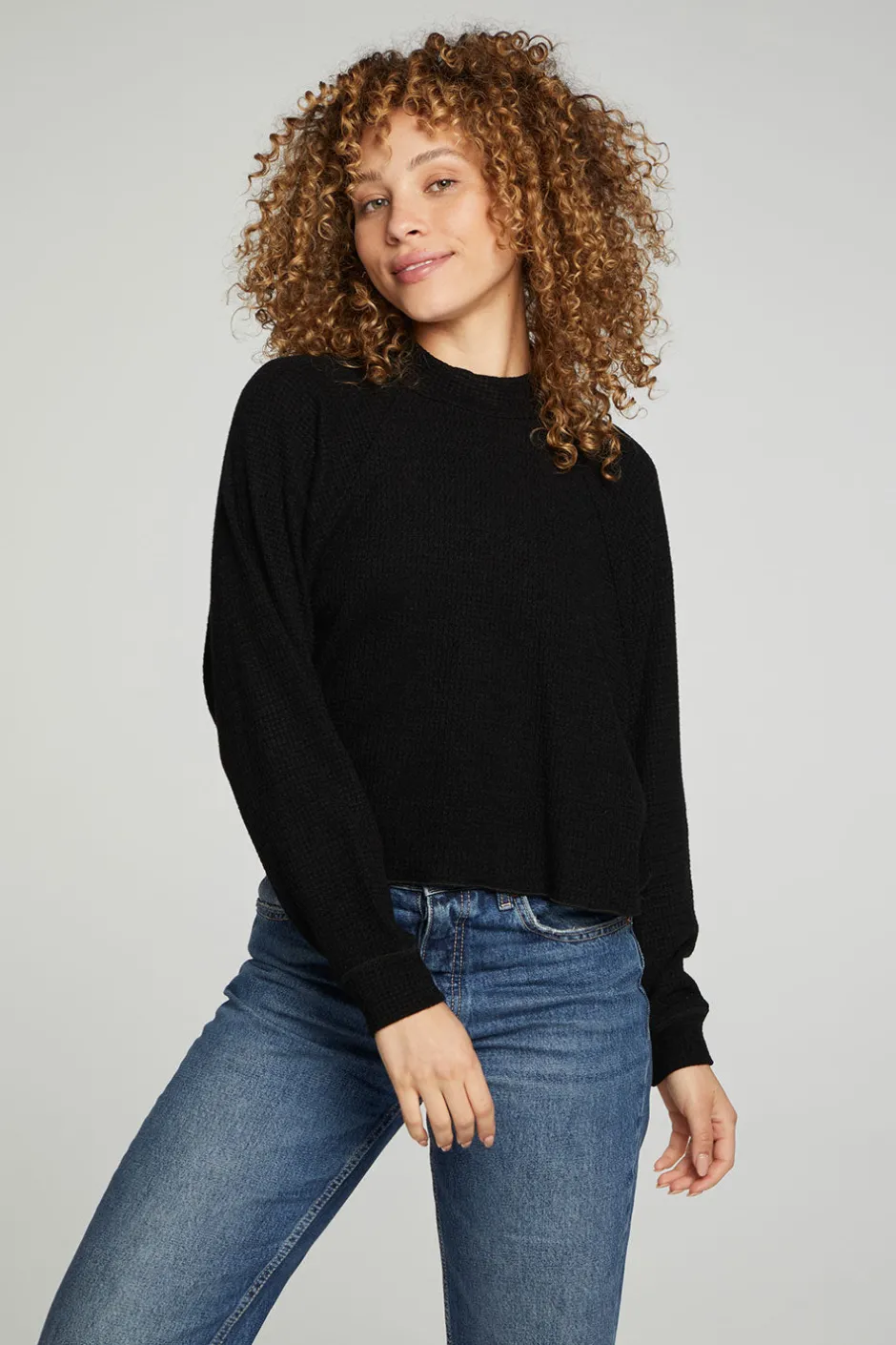 Women Chaser Brand Long Sleeve Cropped Mock Neck Raglan Tee