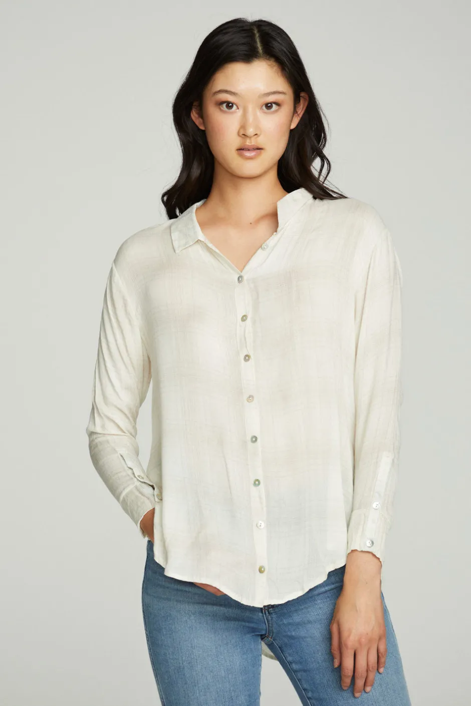 Women Chaser Brand Long Sleeve Drop Shoulder Hi Lo Button Down Shirttail Tunic