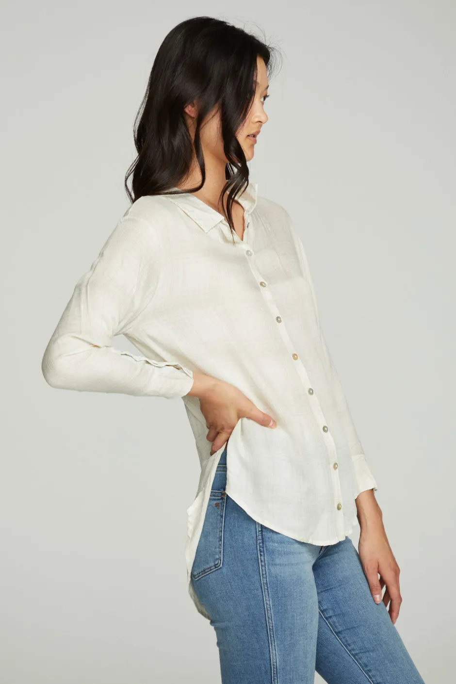 Women Chaser Brand Long Sleeve Drop Shoulder Hi Lo Button Down Shirttail Tunic
