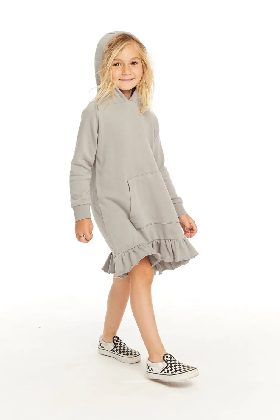 Kids Chaser Brand Long Sleeve Gravel Grey Hooded Ruffle Hem Dress