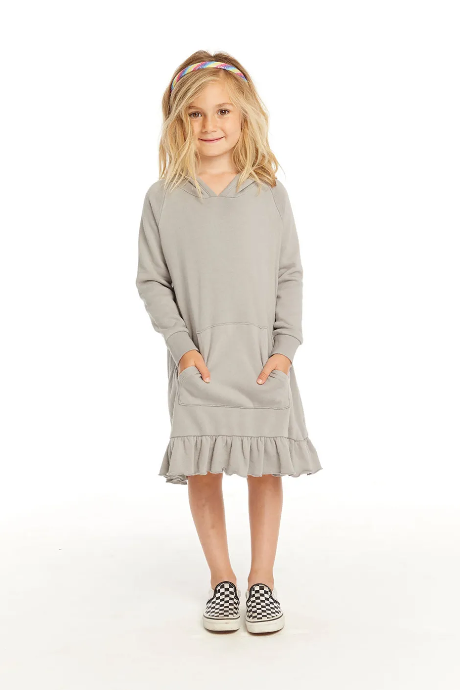 Kids Chaser Brand Long Sleeve Gravel Grey Hooded Ruffle Hem Dress