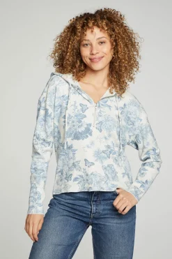 Women Chaser Brand Long Sleeve Semi Cropped Zip Front Hoodie